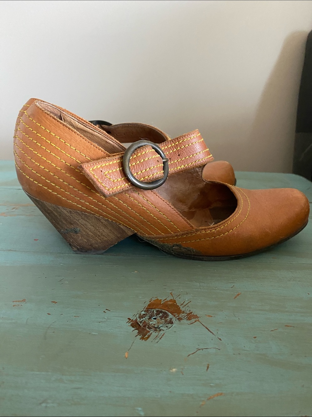 John Fluevog Cognac Brown Leather Mary Jane Wedge with Buckle
